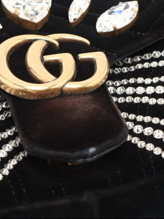 Gucci GG Marmont Crystals Velour x Bijou Chain Shoulder Bag Black - Picture 13 of 14